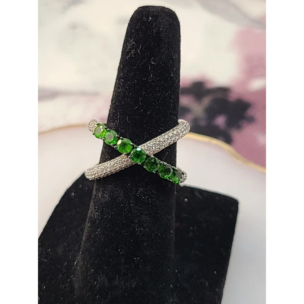 925 Sterling Silver Green CZ Crossover Ring Size 5 Pave Band Fine Jewelry